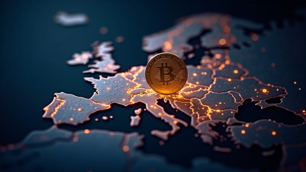 Cómo los euro stablecoins podrían mitigar las preocupaciones de la UE sobre el dólar Moneda euro en el centro de Europa, con redes digitales que representan euro stablecoins y el marco MiCA.