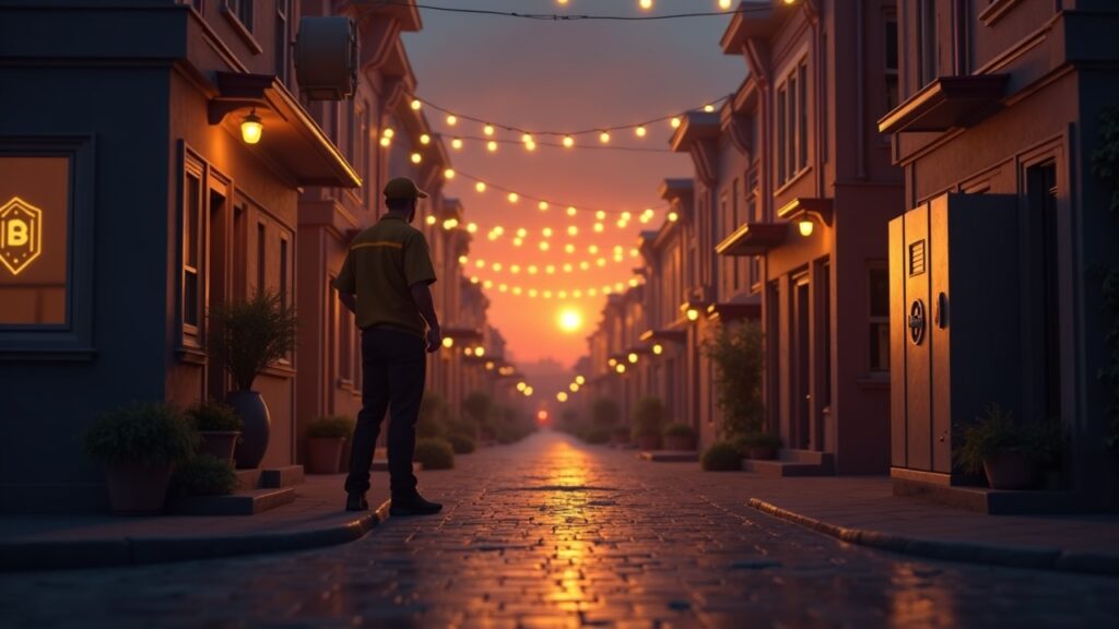 Amanecer en Mission District, repartidor con uniforme tipo UPS ante una puerta, iconos cripto luminosos y una bóveda digital.