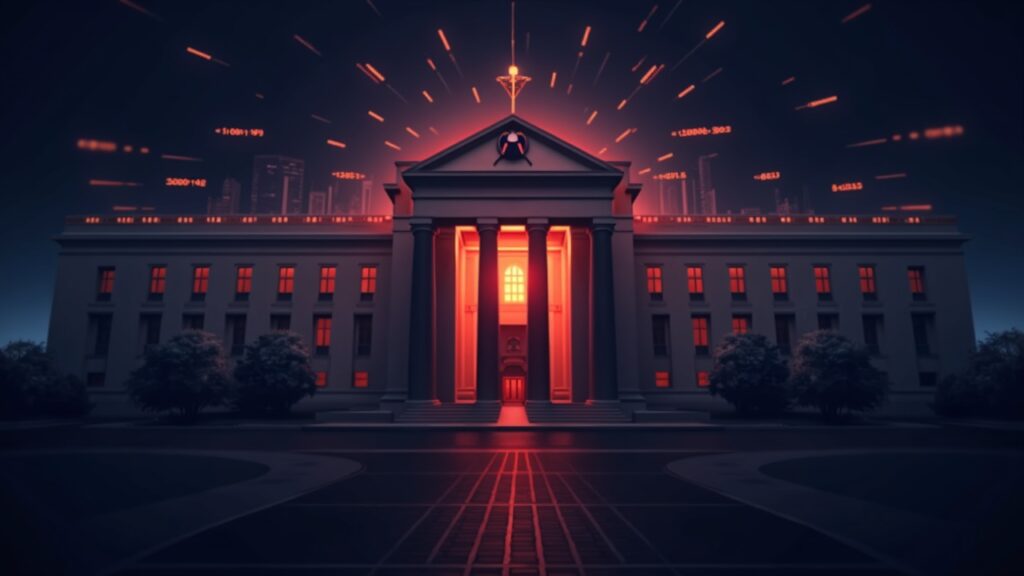 Fachada de la Fed en primer plano con halcón rojo, símbolos de criptomonedas y resplandor de blockchain.