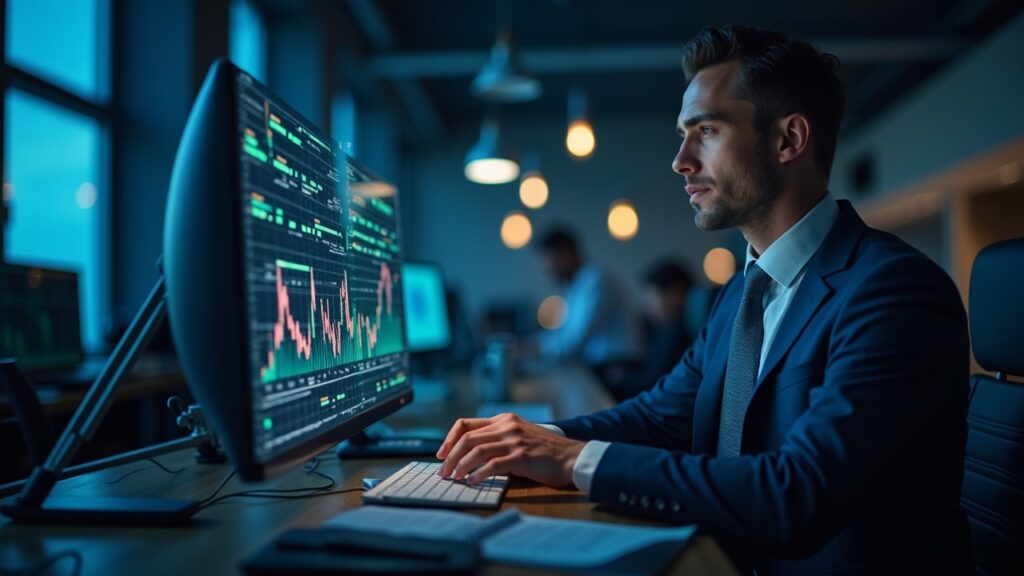 Fidelity lanza el ETF FSOL: su primer fondo cotizado con staking de Solana Operador de Wall Street en sala de noticias con overlay holográfico de Solana y ticker FSOL iluminado.