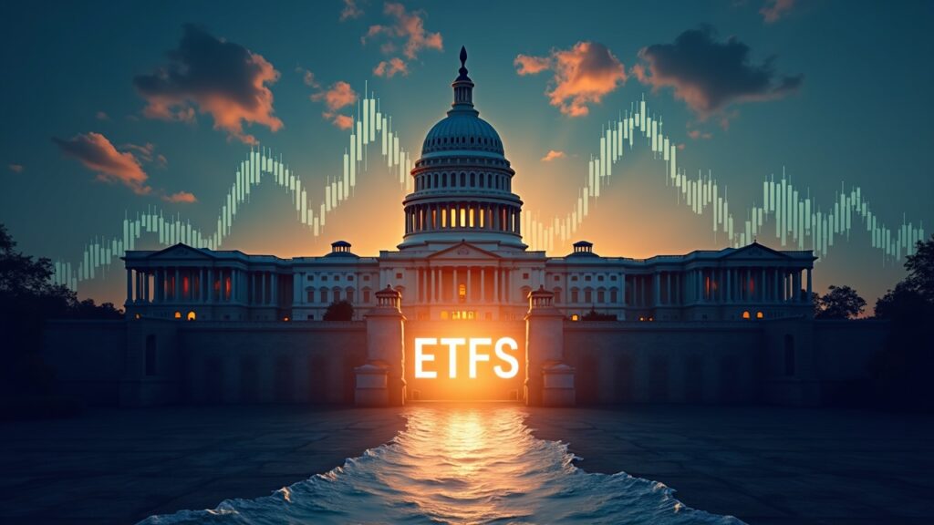 Montaje: Bitcoin y XRP al alza; edificio gubernamental abre compuerta ETFs, sugiriendo demanda institucional.