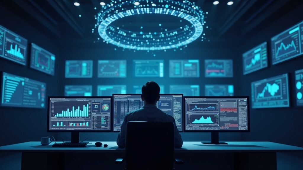 Trader central en escritorio moderno, pantallas con contratos basados en eventos y nodos blockchain en fondo de redacción.