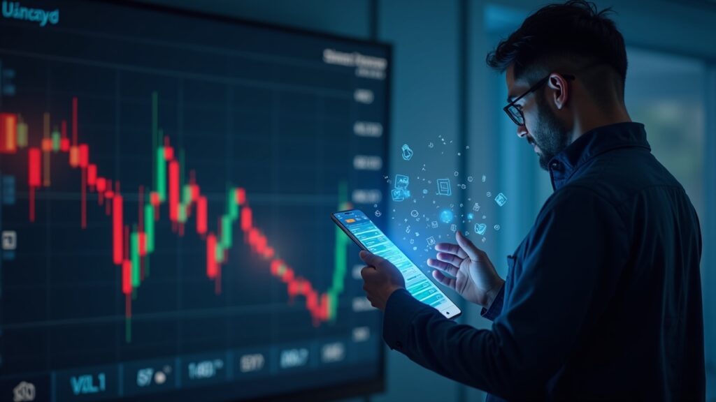 Empresario tecnológico junto a interfaz de super app para trading de cripto y pagos con tarjeta, con gráfico Nasdaq descendente.