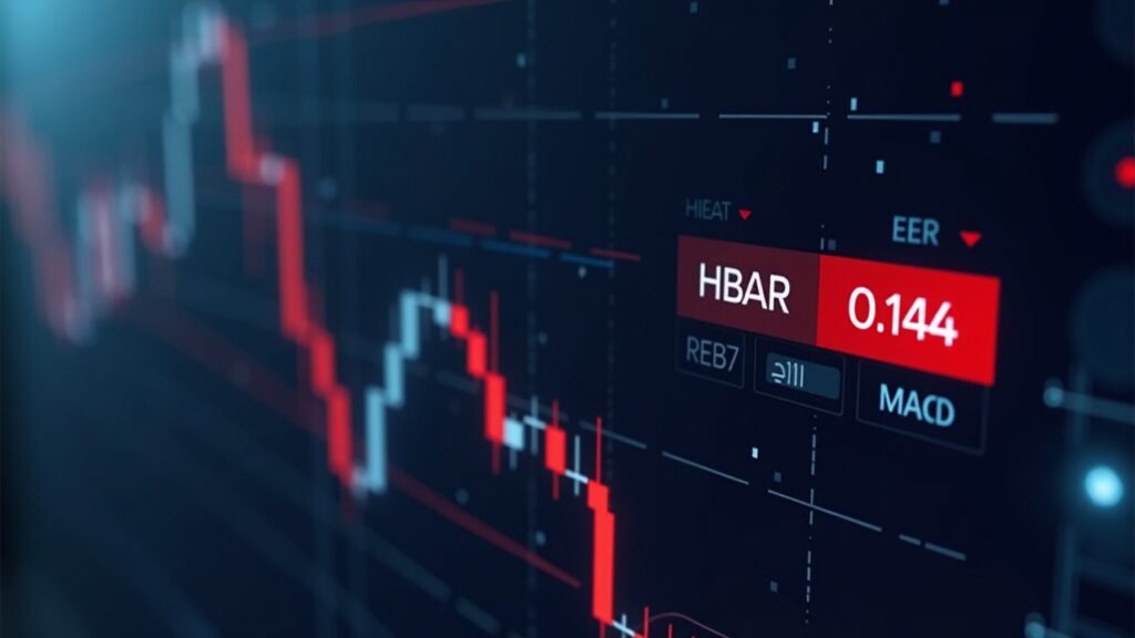 Escena de noticias con gráfico bajista de HBAR en 0,144, RSI y MACD en pantalla, iconos regulatorios de fondo.