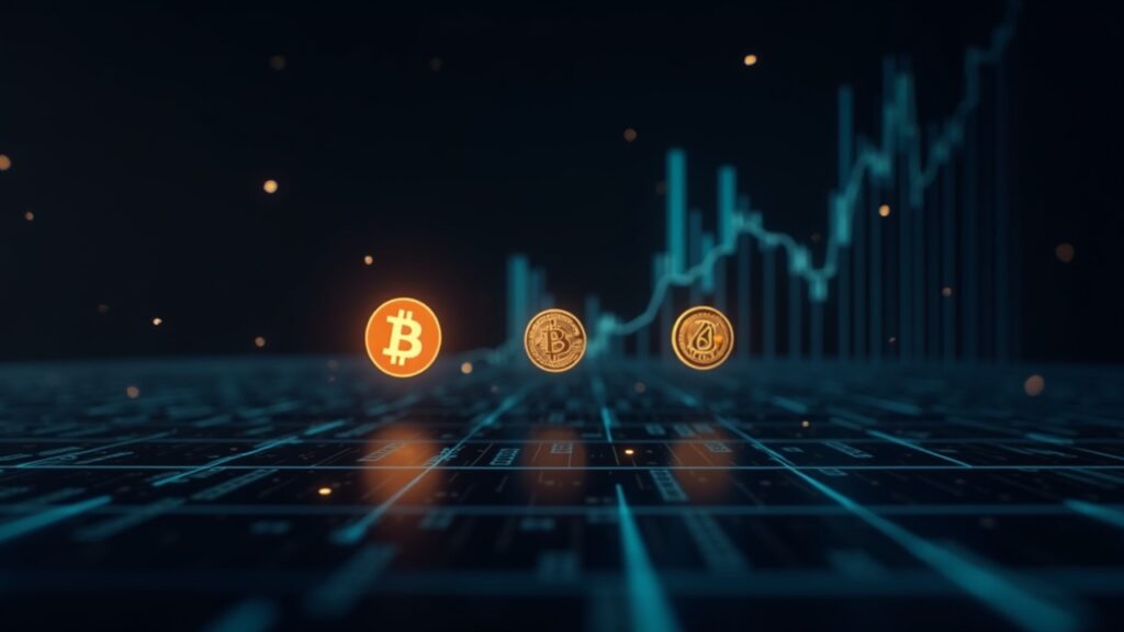 Bitcoin desvaneciéndose en un ticker digital; tres iconos de altcoins se alzan, en redacción con cuadrícula de datos y alerta de tiempo de espera.