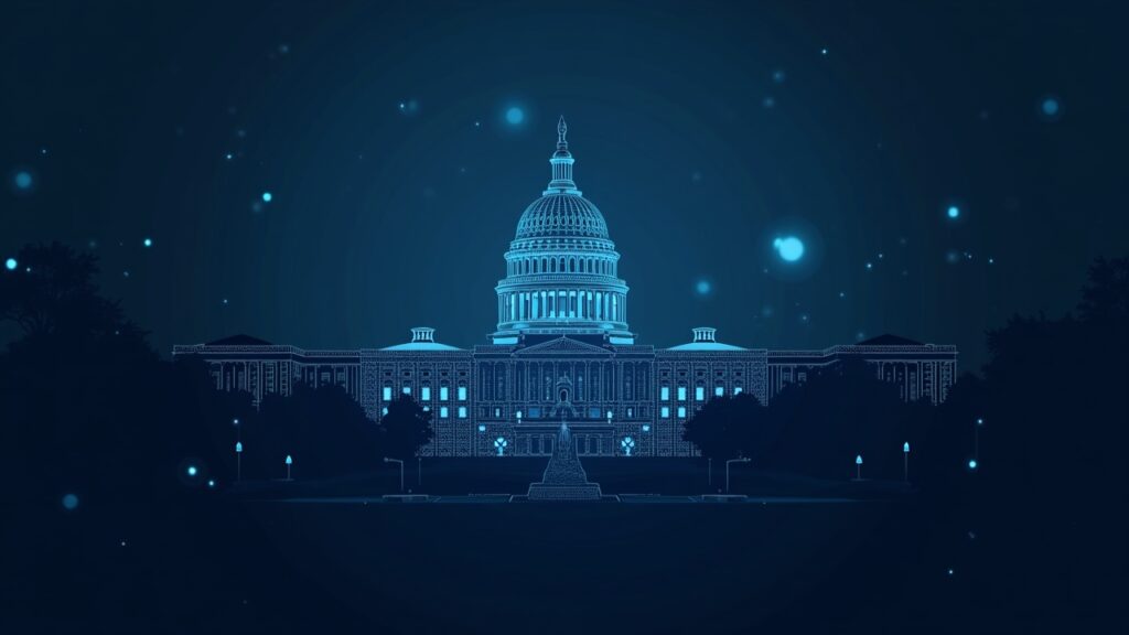 Silueta de edificio gubernamental con malla digital y símbolos criptográficos, simbolizando bloqueo político y reapertura temporal