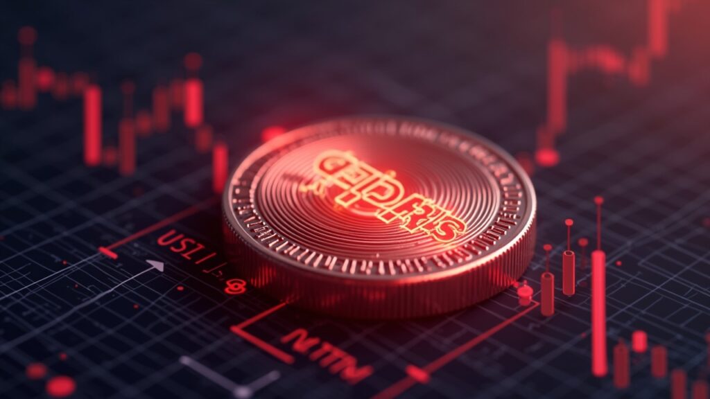 Moneda HBAR en primer plano ante una barrera luminosa de 0,15 USD, flechas rojas y barras de liquidez, sobre una cuadrícula de red