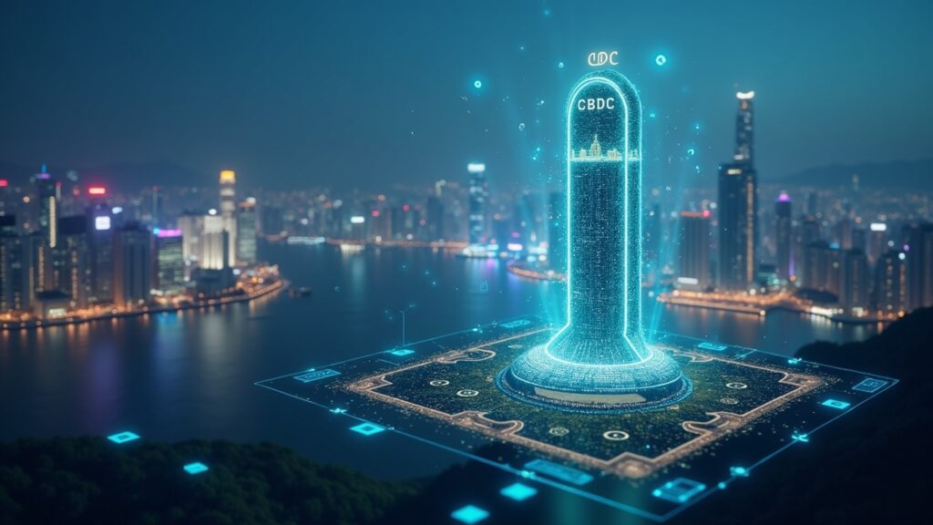 Horizonte de Hong Kong con torre de bonos tokenizados, holograma CBDC y símbolos de múltiples monedas.