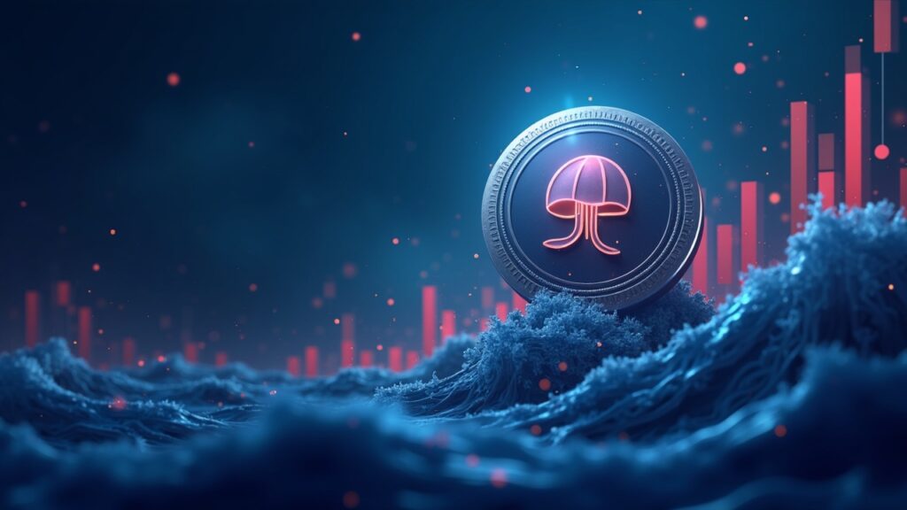 Icono de JELLYJELLY sobre un gráfico de precios con siluetas de ballenas y tonos de advertencia regulatoria