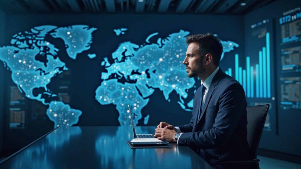 Ejecutivo enfocado en una sala de noticias tecnológica, logotipos de Kalshi, mapa global y gráficos ascendentes de contratos.