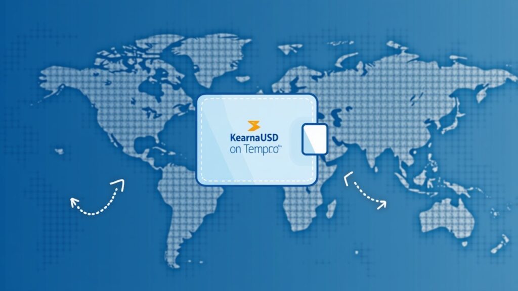 Klarna lanza KlarnaUSD para pagos transfronterizos más rápidos y baratos Billetera digital central muestra KlarnaUSD en Tempo, con flechas de pagos transfronterizos y un mapa global regulatorio.