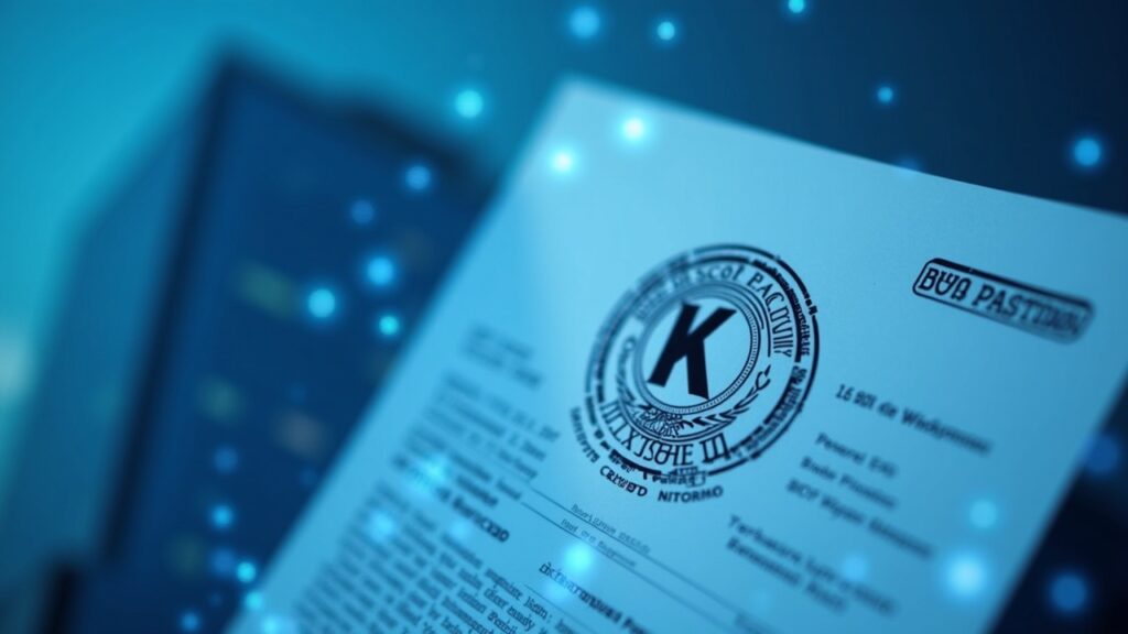 IPO de Kraken: presentación confidencial del S-1 ante la SEC Logotipo de Kraken enfocado junto a una torre regulatoria de vidrio, con un documento S-1 confidencial y flujos de datos azules.