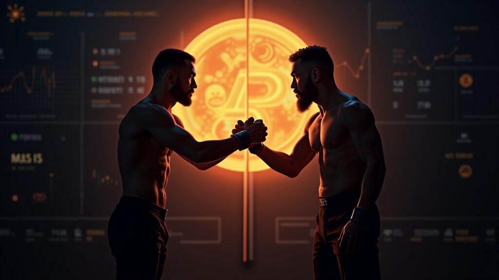 Encabezado cripto fotorealista: siluetas de McGregor y Khabib, NFT Papakha y meme coin, con gráficos on-chain.