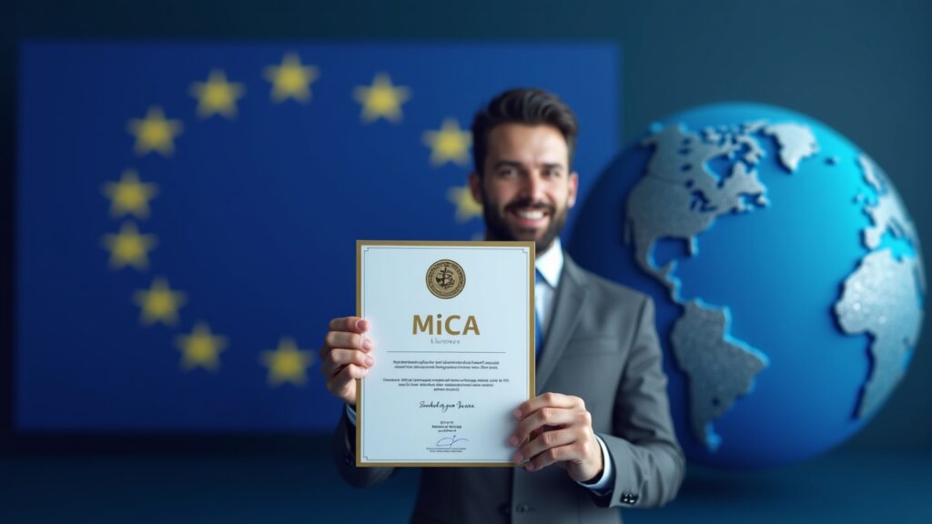 Stablecoins ganan con MiCA: Zerohash obtiene licencia en la UE Ejecutivo cripto sostiene certificado MiCA, símbolo de stablecoins reguladas en la UE, con fondo bandera UE y globo digital.