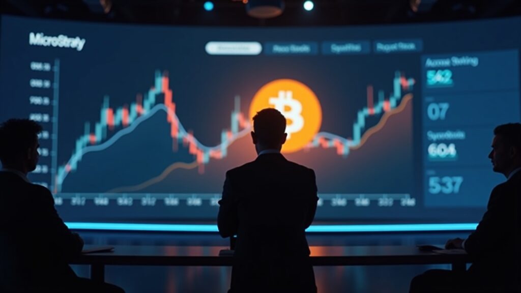 Strategy suma 835 millones en Bitcoin a su tesorería con precio promedio alto Silueta de un ejecutivo frente a un gráfico de Bitcoin y un cartel de MicroStrategy en un set de noticias.