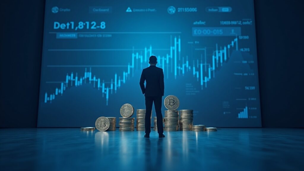 Strategy compra $50M en Bitcoin y apuntala señales de suelo para MSTR Realistic newsroom scene with a corporate executive, BTC icons rising over a stock chart and debt backdrop in blue tones.