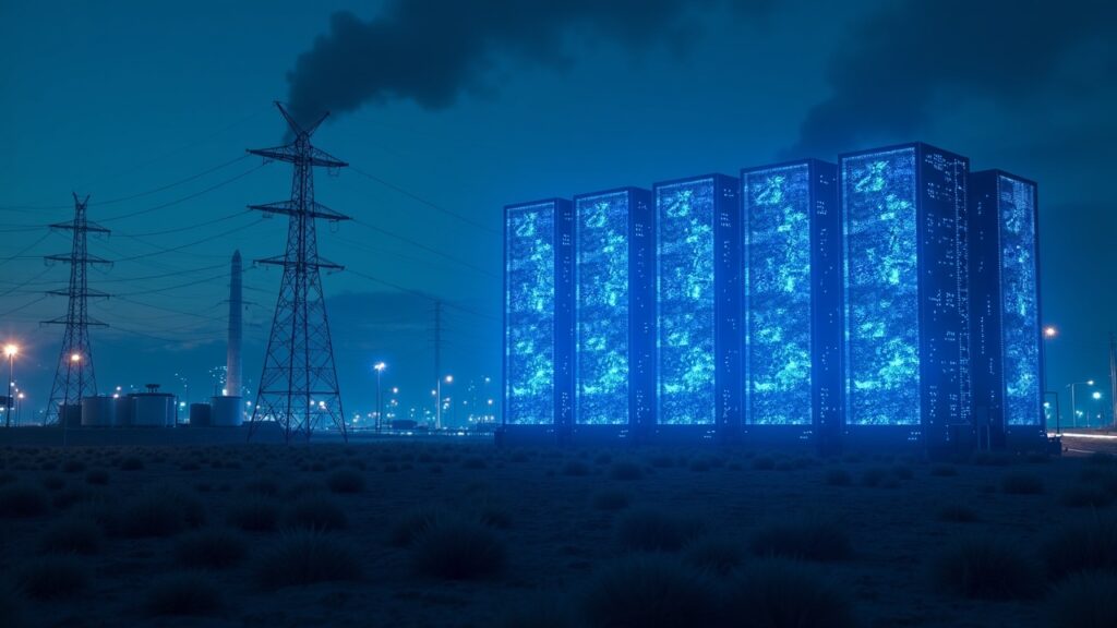 Granja de minería de Bitcoin conectada a un centro de datos de IA, con iluminación azul y torres de refrigeración.