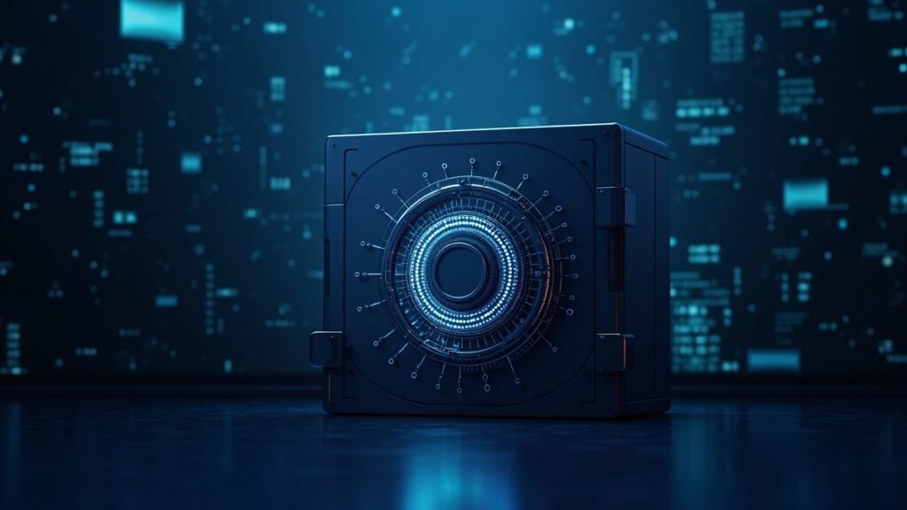 MoonPay asegura su carta de fideicomiso en Nueva York y amplía servicios institucionales de cripto Puerta de caja digital realista frente al horizonte de Nueva York con circuitos brillantes, custodia institucional y OTC.