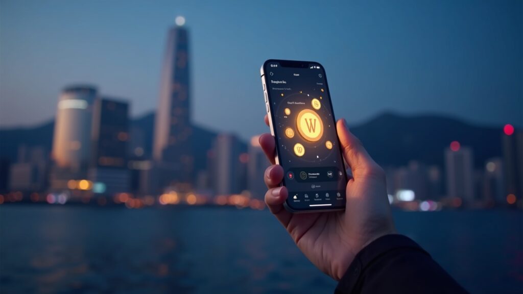 Naver lanzará la wallet de stablecoin Bidan Jumoni en Busan Horizonte de Busan al fondo, mano con teléfono mostrando Bidan Jumoni, tokens brillantes y símbolo del won.