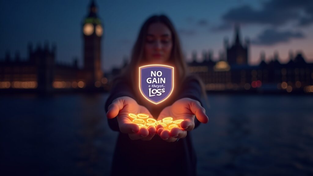 Persona central sostiene tokens DeFi brillantes frente a un skyline británico inspirado por HMRC y insignia No Gain No Loss