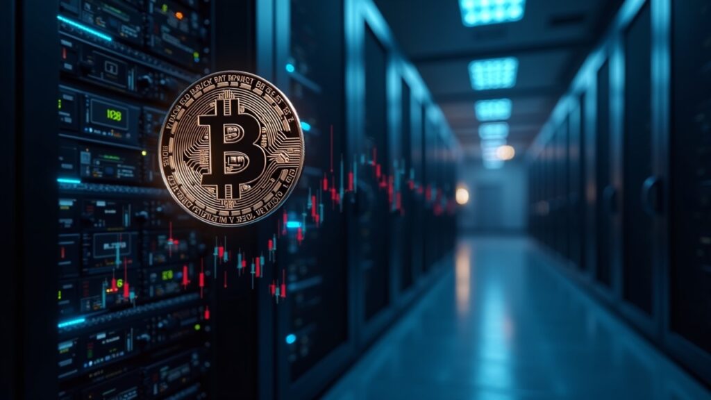 Nvidia reporta 57 mil millones en ingresos impulsando Bitcoin sobre 91.000 dólares Centro de datos fotorealista con GPUs de Nvidia, glifo de Bitcoin y gráfico de precios en neón.