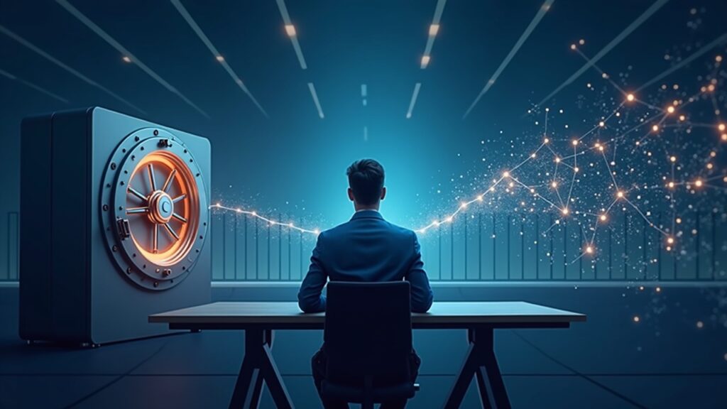 OKX lanza trading ‘CeDeFi’ y fusiona mercados centralizados con descentralizados Trader fotorealista en escritorio moderno, puente luminoso entre bóveda bancaria y red de nodos blockchain, CeDeFi.