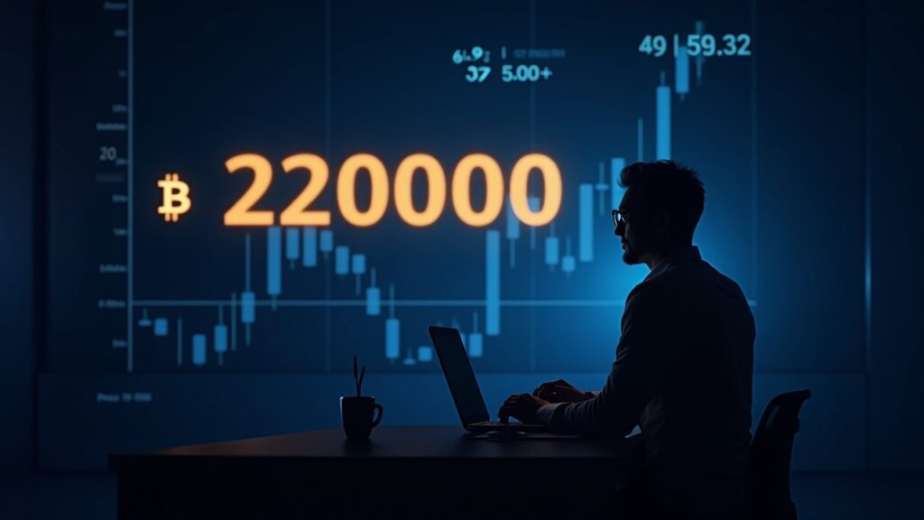 El hombre más inteligente augura que Bitcoin alcanzará los 220.000 dólares en 45 días Silueta de analista confiado frente a un escritorio de trading, símbolo Bitcoin y ticker 220000 con conteo de 45 días, iluminación azul.