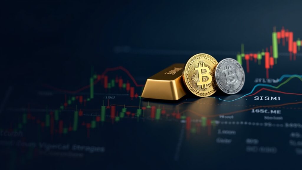 Bitcoin lucha en 95.000 mientras Oro y Plata prueban niveles técnicos de reversión Logo de Bitcoin, una barra de oro y una moneda de plata sobre un gráfico de precios con niveles 100k, 115k y 140k.