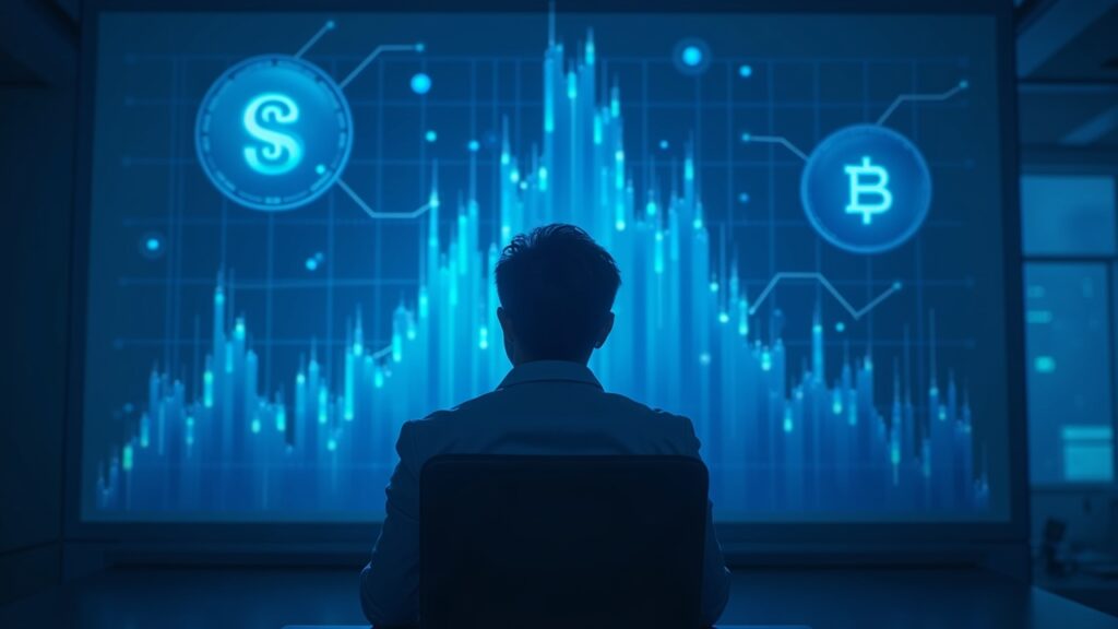 Silueta de profesor de Columbia frente a tablero holográfico de tesorería cripto, gráficos descendentes y BTC/ETH en tonos azules.