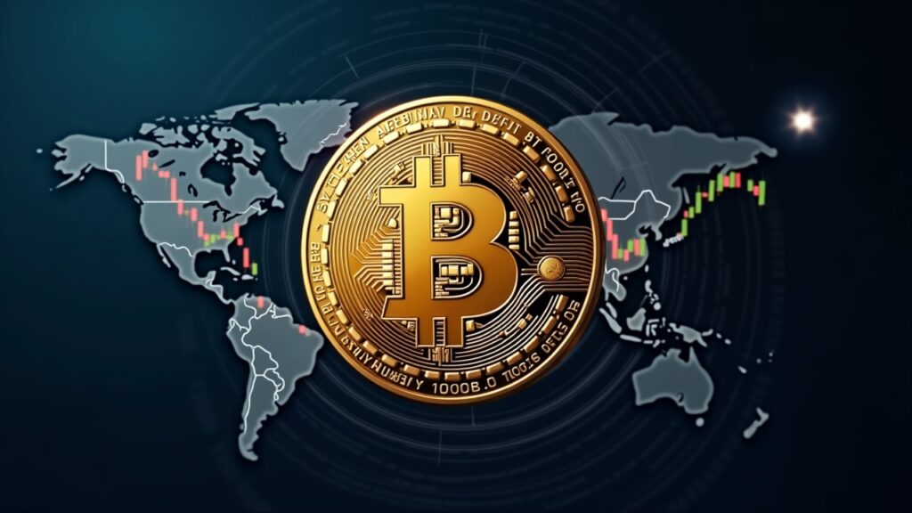 Trump ve a Bitcoin como alivio del dólar; una paradoja que podría perjudicarlo Logo de Bitcoin en primer plano sobre mapa digital, con gráfico del dólar desvaneciéndose y un sello gubernamental flotando.