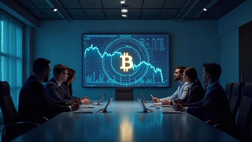 Sala de juntas corporativa con holograma de Bitcoin descendente y ejecutivos ante un tablero digital.