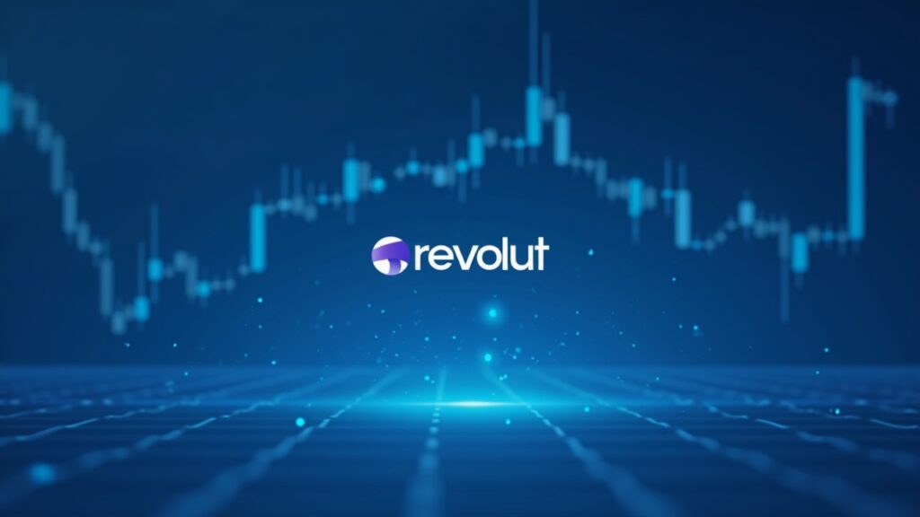Logotipo de Revolut en una mesa de trading con gráfico IPO luminoso y inversores al fondo, estética fintech de alto impacto