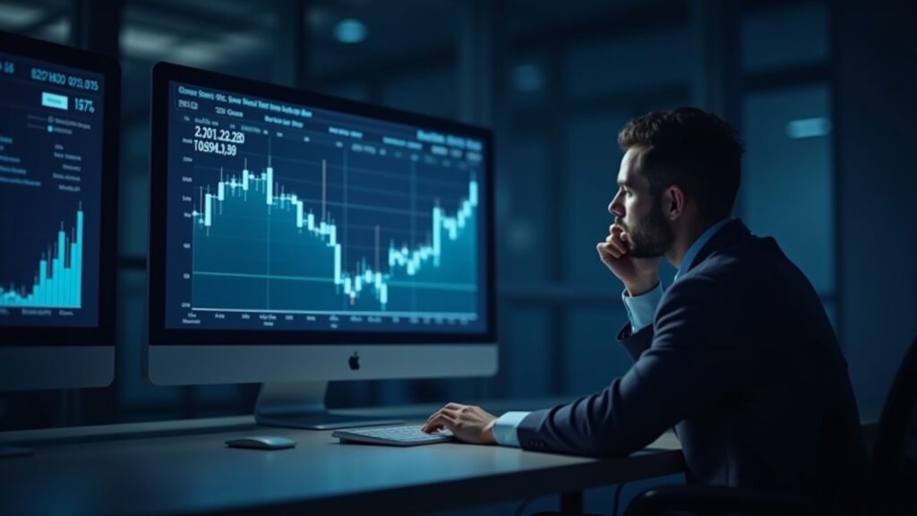 Ripple amplía su oferta institucional en EE. UU. con el lanzamiento de Ripple Prime Ejecutivo en piso de operaciones observa una pantalla holográfica de precios de activos digitales y un gráfico ascendente.