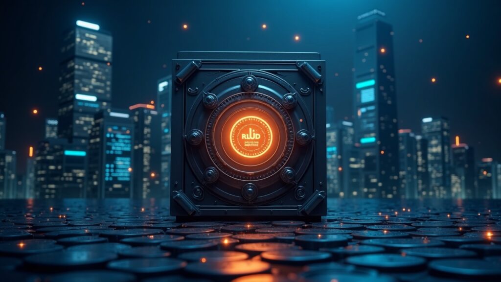 Bóveda digital con RLUSD brillando, rodeado de torres bancarias y registros digitales, simbolizando Ripple institucional.
