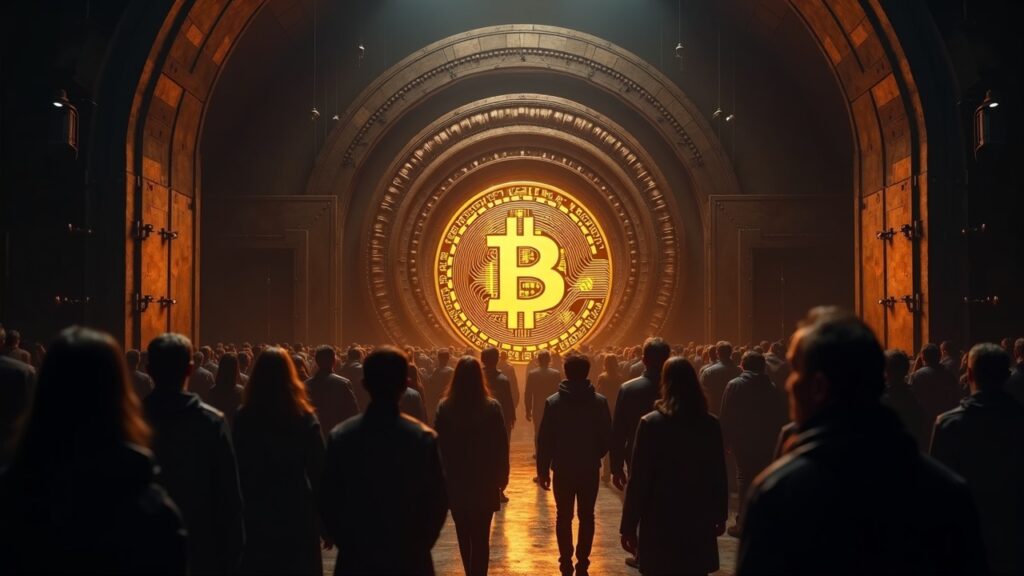 Escena fotorrealista de una bóveda de Bitcoin con símbolo BTC central, personajes: tenedores OG y compradores institucionales.