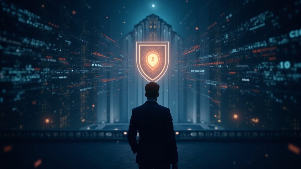 Trader cripto frente a un escudo de privacidad luminoso, sede de la SEC al fondo y datos de blockchain fluyendo.