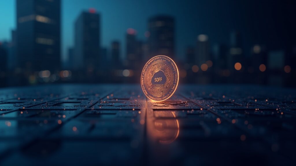 Société Générale: SG‑FORGE emite la primera obligación tokenizada en EE. UU., referenciada a SOFR Bono tokenizado digital iluminado al centro, conectado al índice SOFR sobre una red blockchain, con ciudad financiera de fondo.