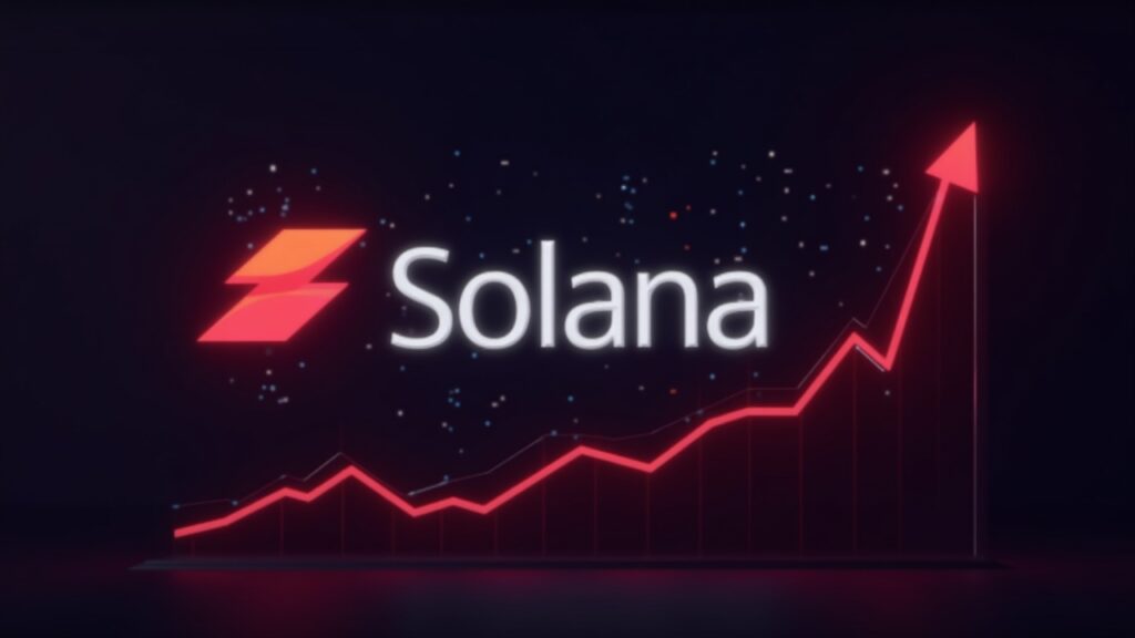 Logotipo de Solana sobre un tablero de operaciones con una tendencia roja descendente y brillo neón en fondo oscuro
