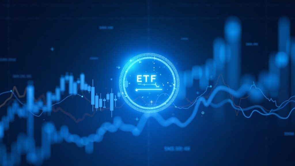 Solana ETF inflows se disparan: ¿cuándo seguirá el precio de SOL la tendencia? Logotipo de Solana en el centro con flechas de ETFs en alza y gráficos holográficos de precios, estética newsroom cripto azul.