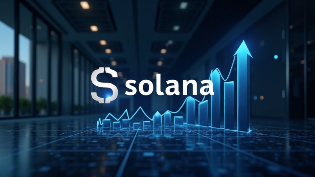 Header fotorealista con el logo de Solana centrado y gráficos ETF en ascenso en una sala de noticias.