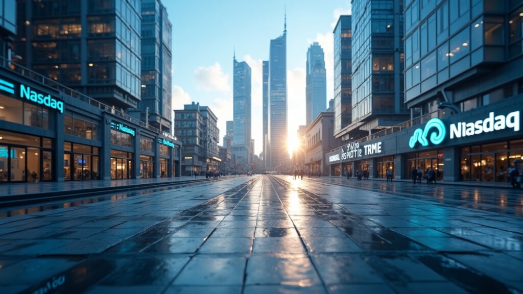 Escena fotorrealista de Solana con torres de Nasdaq, logotipo y flujos de tokenización, ambiente profesional.