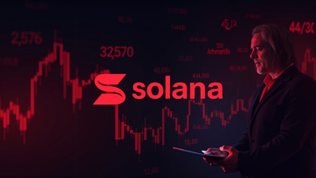 Logo de Solana en el centro, gráfico rojo descendente, trader preocupado, datos brillantes y fondo de blockchain, liquidaciones.