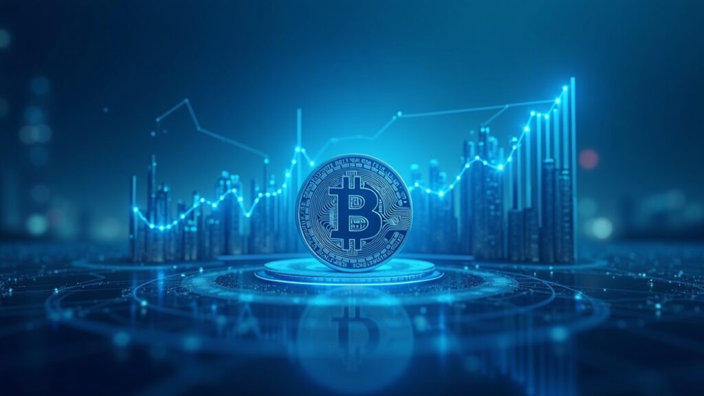 Encabezado periodístico fotorrealista con Bitcoin central, gráficos en alza y siluetas de ETFs en tonos azules.