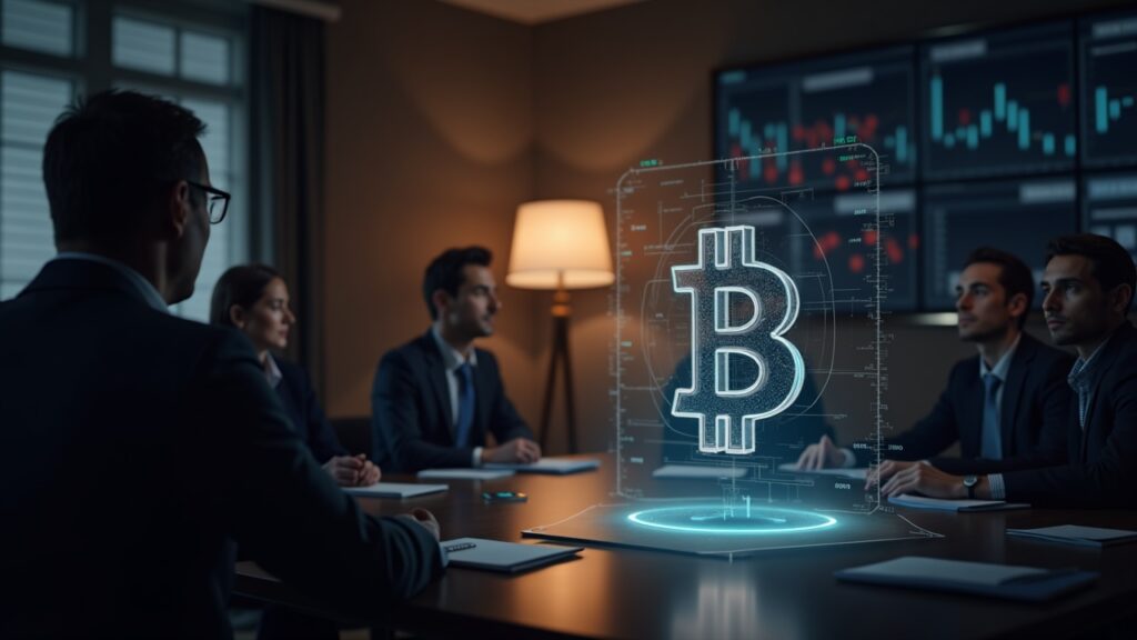 Strategy de Michael Saylor compra 487 BTC por $49.9M y eleva sus tenencias a 641.692 Ejecutivo en sala de juntas observa un vault holográfico de Bitcoin y un ticker BTC en ascenso, simbolizando la tesorería de Strategy Inc.