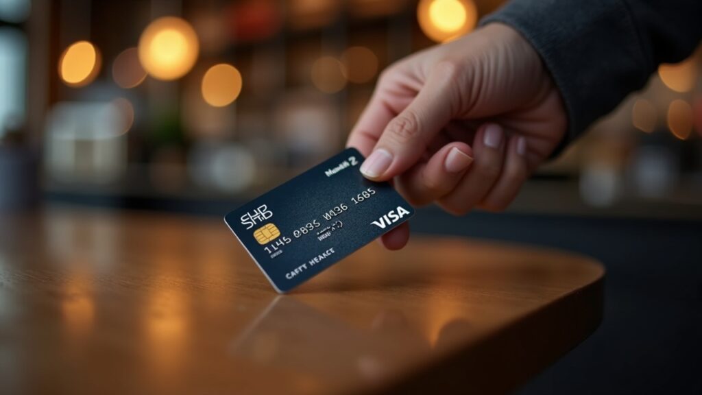 Tarjeta SHIB de débito en un café, con motivos blockchain y gráfico cripto, destacando utilidad real.