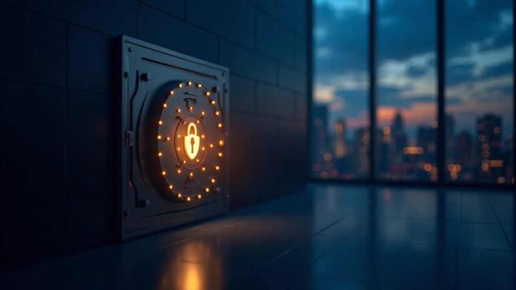 Puerta de custodia y mapa de nodos de Canton Network con llave, en paisaje urbano al atardecer.