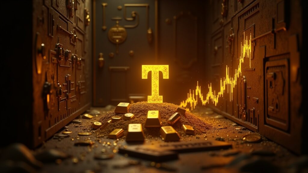 Bóveda con barras de oro y logotipo Tether, rodeada de circuitos de blockchain y un gráfico de precios al alza.