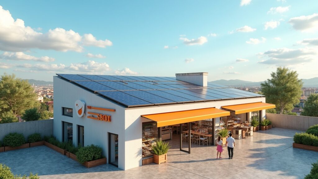 Azotea solar con SUNBOX y flujos de tokens hacia un supermercado; activos verdes tokenizados en Stellar.