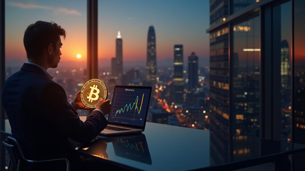 Metaplanet de Tokio Recauda 150 Millones para Bitcoin Desafiando la Tendencia Bajista Actual Horizonte de Tokio al atardecer, bóveda de Bitcoin al frente y directivo mostrando un gráfico de acumulación BTC.
