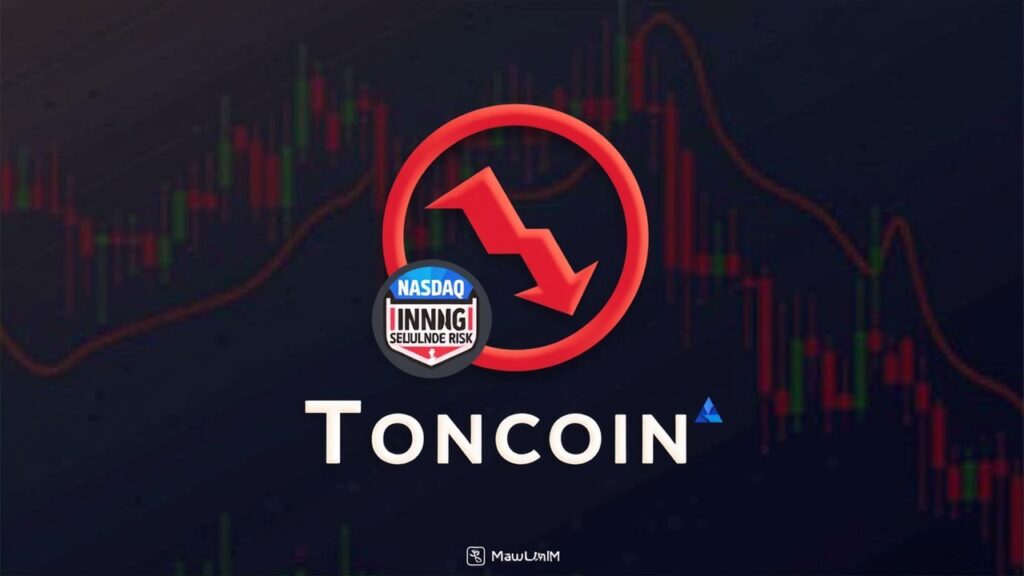 Logotipo de Toncoin, gráfico rojo descendente, insignia Nasdaq y titulares en estilo newsroom